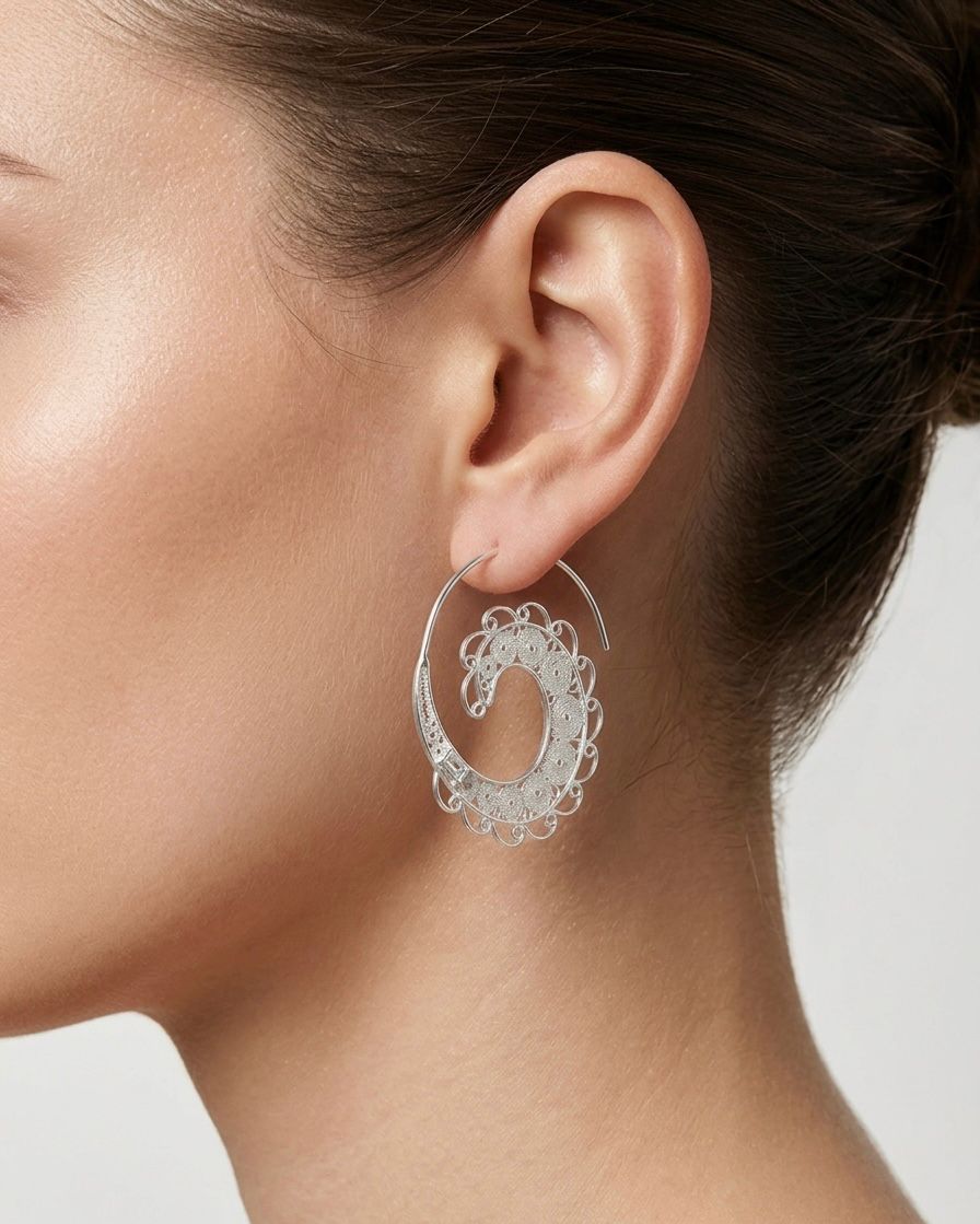 925 Silver Spiral Filigree Hoop Earrings for Women