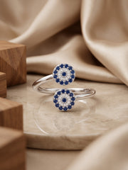 925 Sterling Silver Blue Evil Eye Adjustable Open Ring for Women