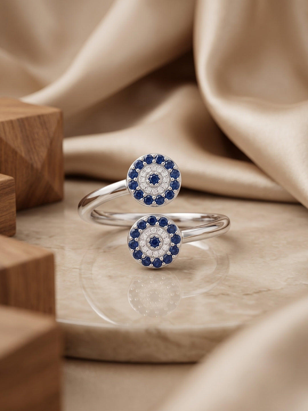 925 Sterling Silver Blue Evil Eye Adjustable Open Ring for Women