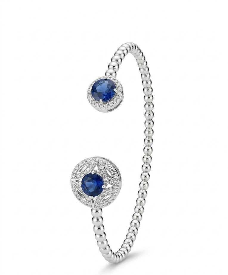 92.5 Sterling Silver Sapphire Bloom Beaded Open Bracelet for Women