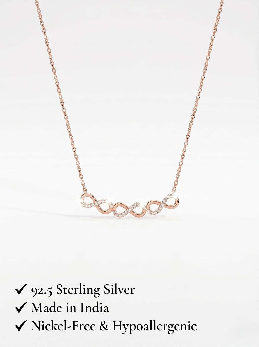 925 Sterling Silver Rose Gold Double Infinity Cubic Zirconia Necklace for Women