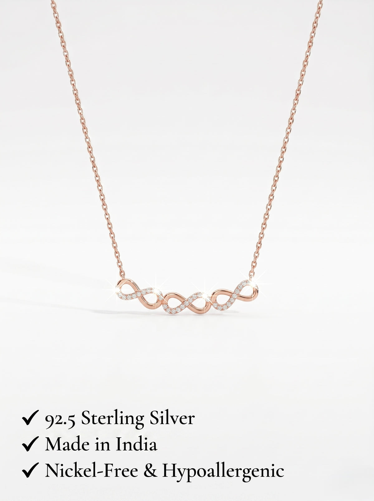 925 Sterling Silver Rose Gold Double Infinity Cubic Zirconia Necklace for Women
