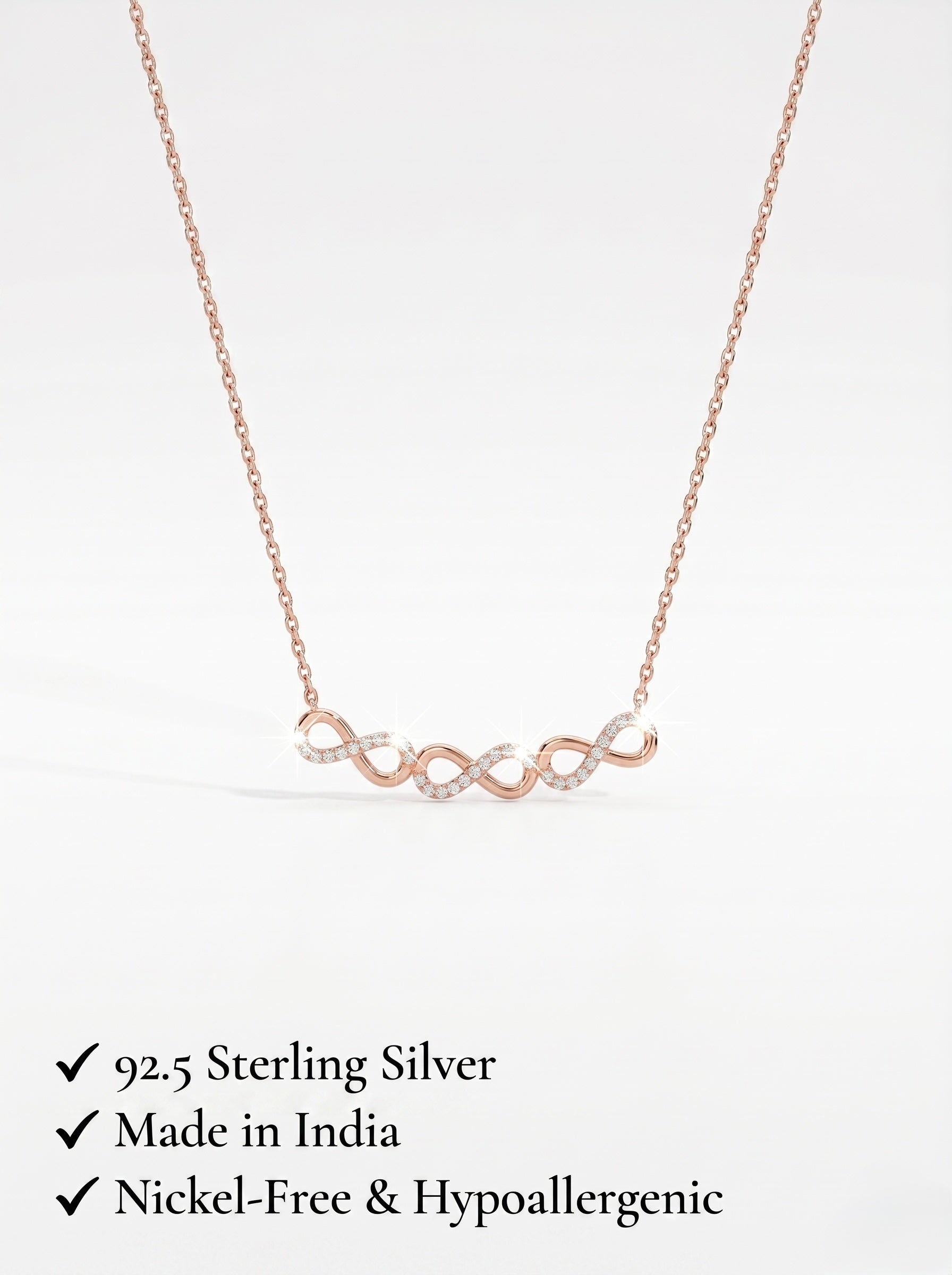 925 Sterling Silver Rose Gold Double Infinity Cubic Zirconia Necklace for Women