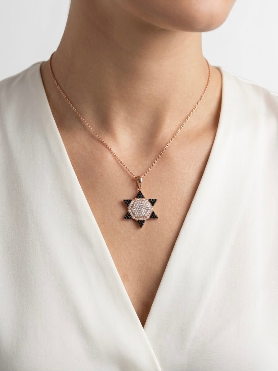 925 Sterling Silver Hexagram CZ Pendant Necklace for Women