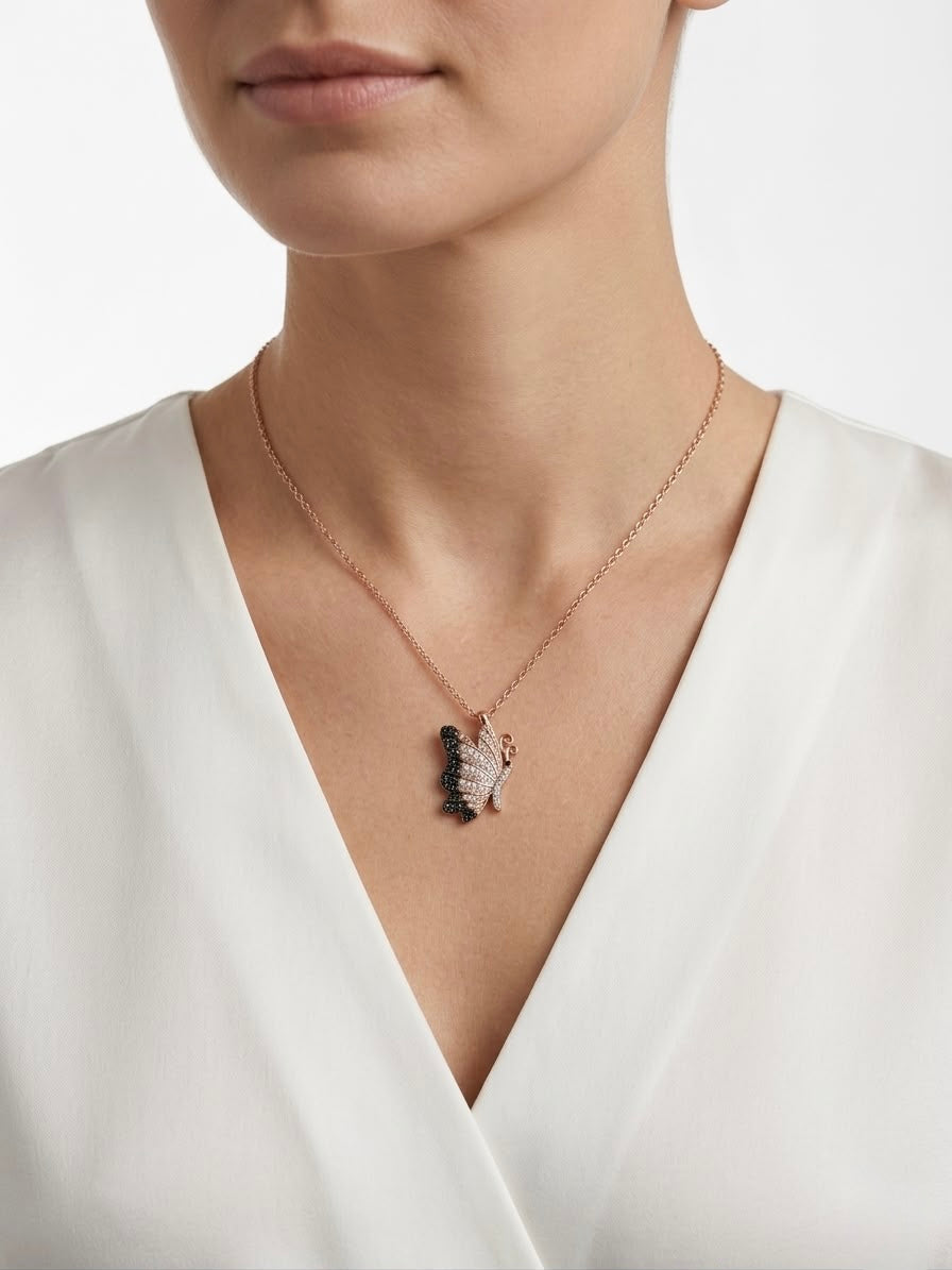 925 Sterling Silver Black Butterfly Pendant Necklace for Women