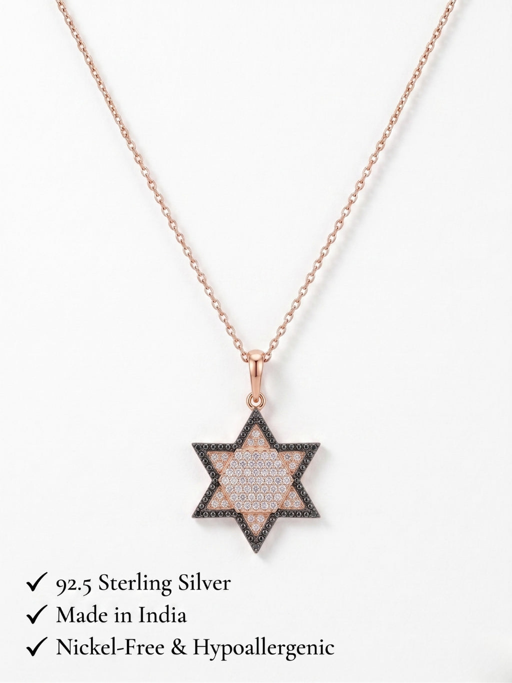 925 Sterling Silver Rose Gold Plated Black & White CZ Star Pendant Necklace for Women