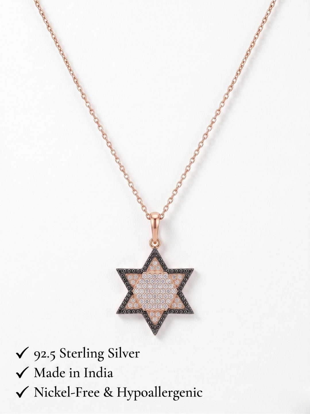 925 Sterling Silver Rose Gold Plated Black & White CZ Star Pendant Necklace for Women