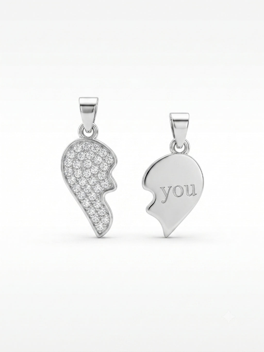 925 Sterling Silver Split Heart "You" Couple Pendant Without Chain