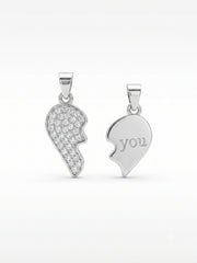 925 Sterling Silver Split Heart "You" Couple Pendant Without Chain