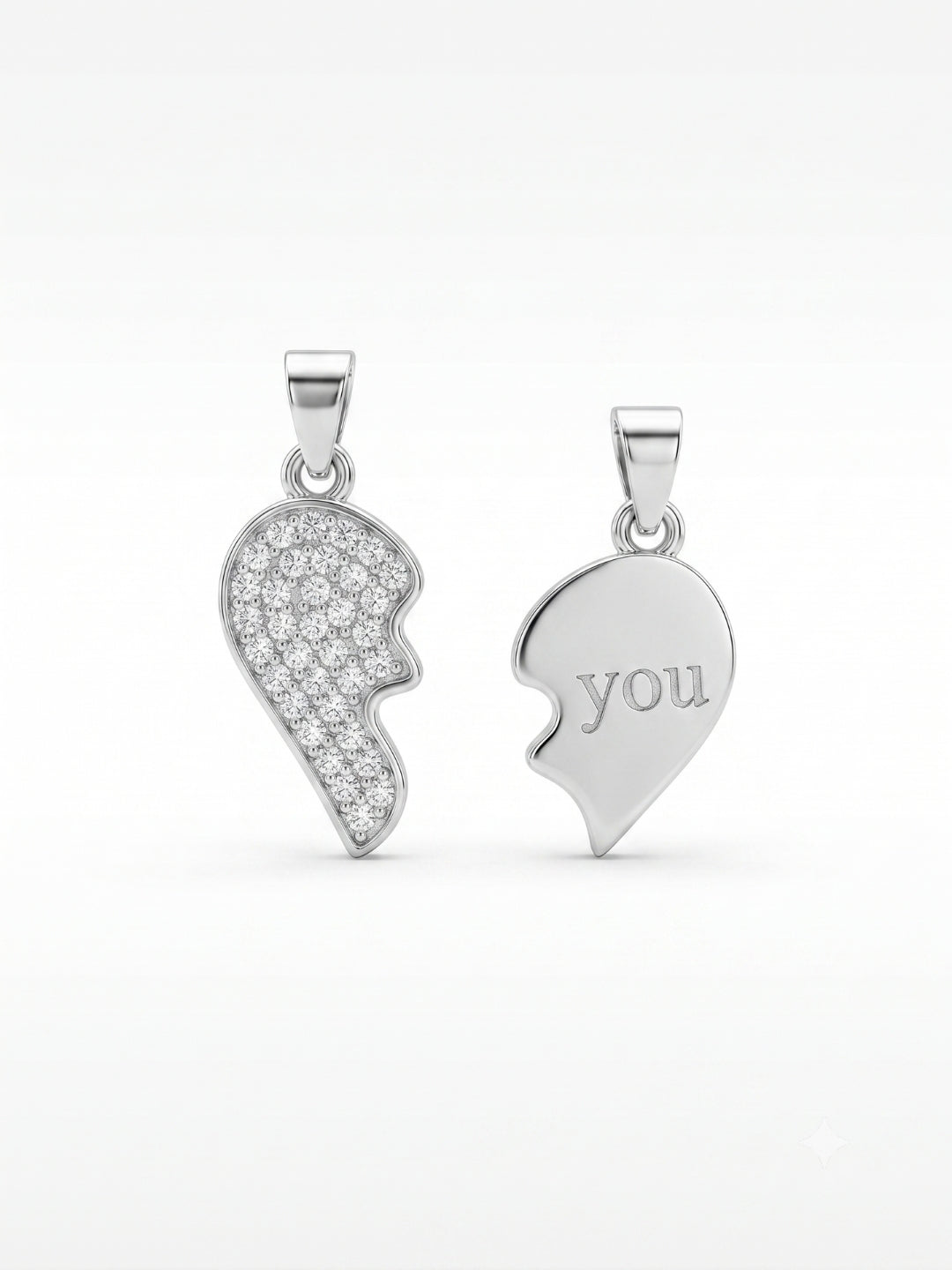 925 Sterling Silver Split Heart "You" Couple Pendant Without Chain