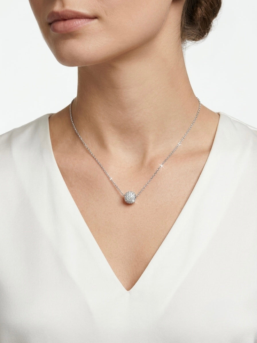 925 Sterling Silver Pave CZ Sphere Pendant Necklace for Women