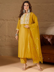 Aarohi Mustard Yellow Embroidered Kurta Set with Organza Dupatta