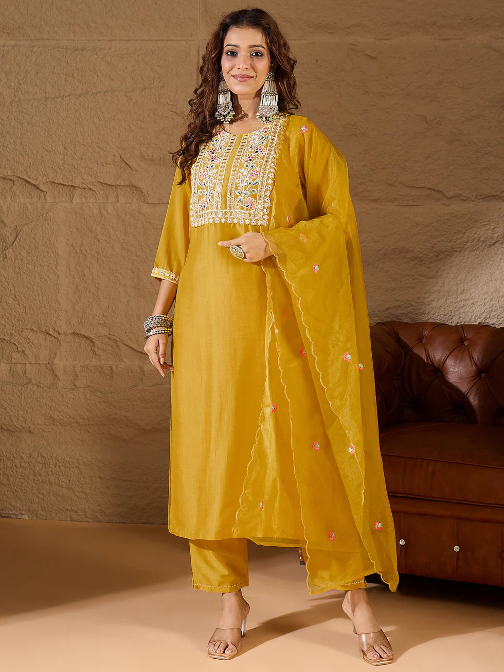 Floral Embroidered Silk Round Neck Kurta Trouser And Dupatta Set