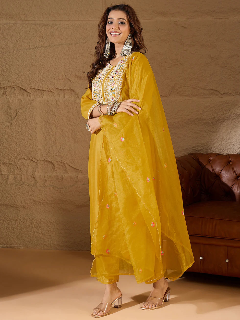 Floral Embroidered Silk Round Neck Kurta Trouser And Dupatta Set