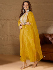 Aarohi Mustard Yellow Embroidered Kurta Set with Organza Dupatta