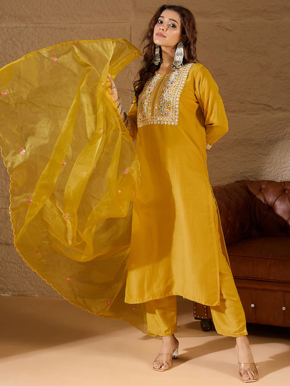 Floral Embroidered Silk Round Neck Kurta Trouser And Dupatta Set