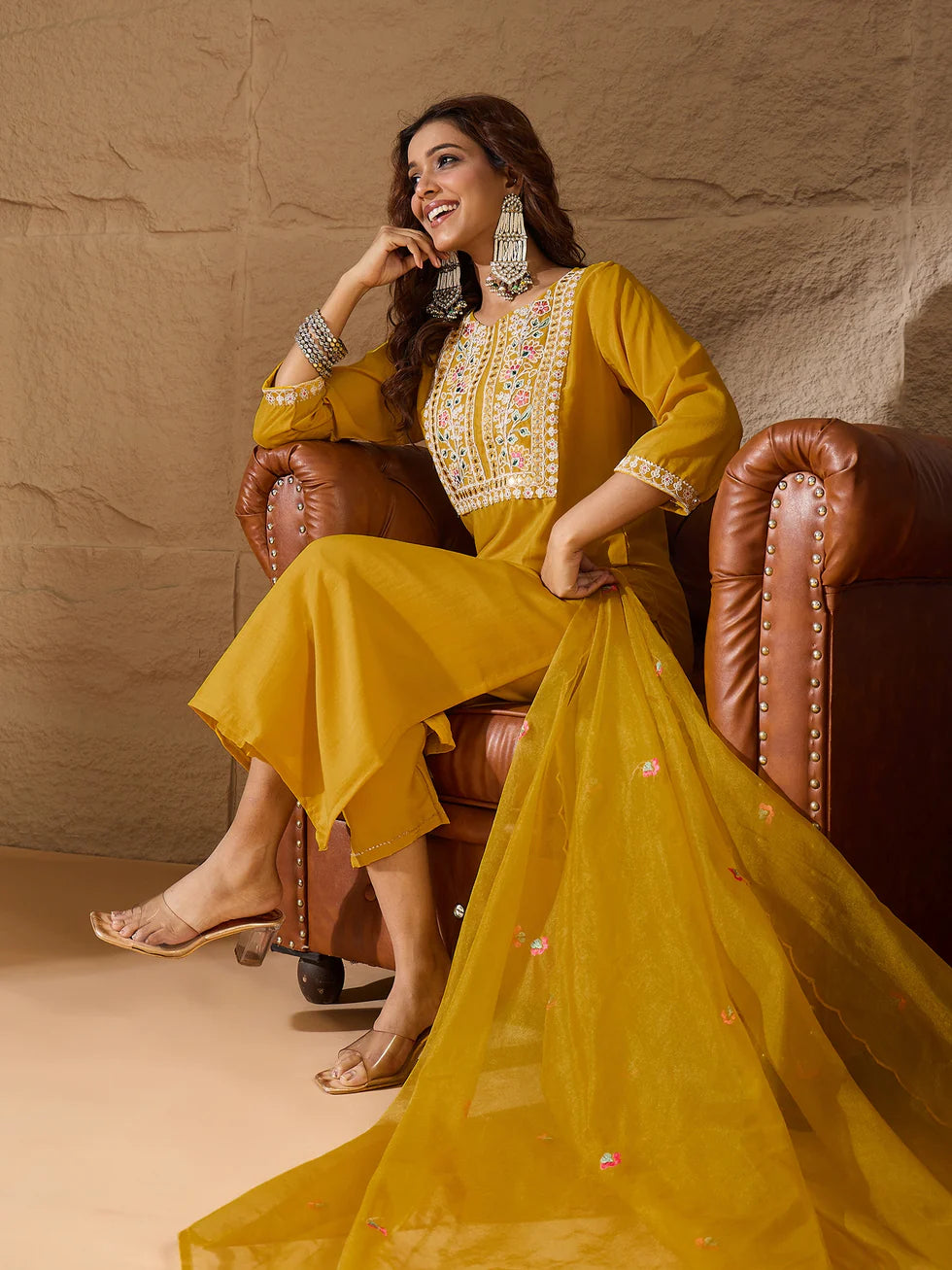 Floral Embroidered Silk Round Neck Kurta Trouser And Dupatta Set