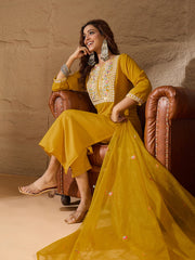Aarohi Mustard Yellow Embroidered Kurta Set with Organza Dupatta