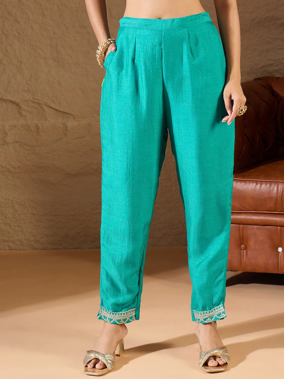 Floral Embroidered Silk Round Neck Kurta Trouser And Dupatta Set