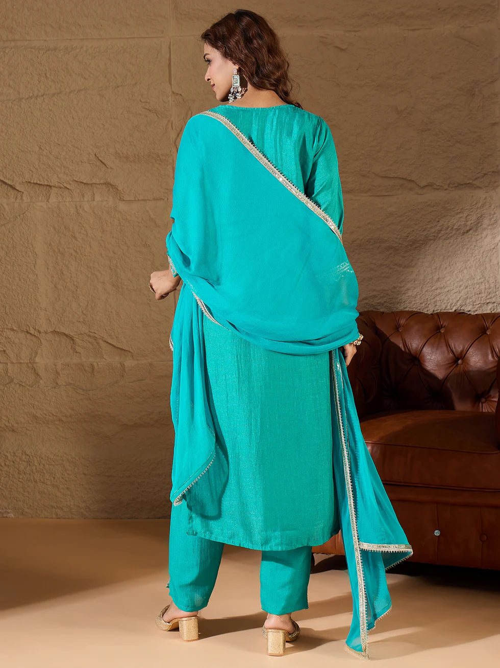 Floral Embroidered Silk Round Neck Kurta Trouser And Dupatta Set