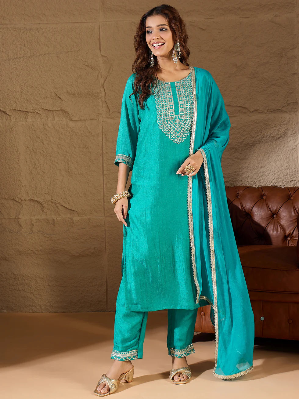 Floral Embroidered Silk Round Neck Kurta Trouser And Dupatta Set