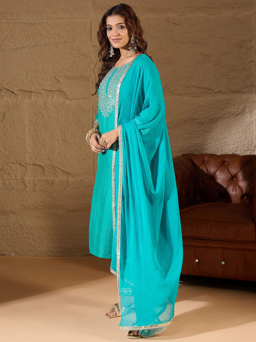 Floral Embroidered Silk Round Neck Kurta Trouser And Dupatta Set