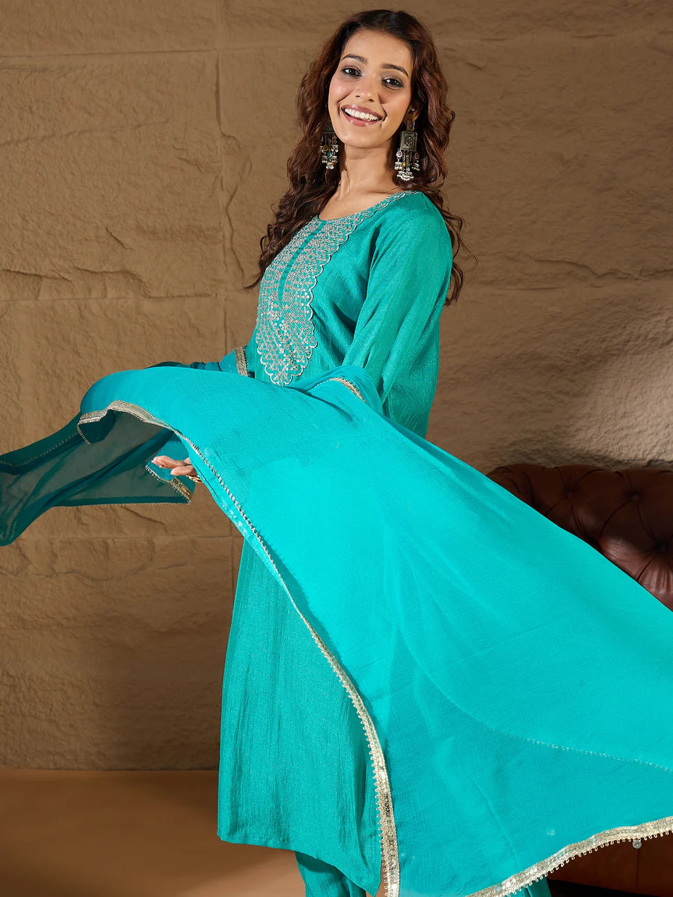 Floral Embroidered Silk Round Neck Kurta Trouser And Dupatta Set