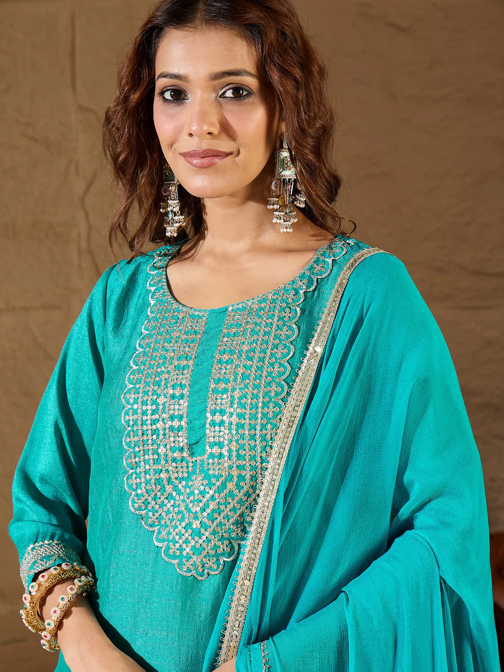 Floral Embroidered Silk Round Neck Kurta Trouser And Dupatta Set