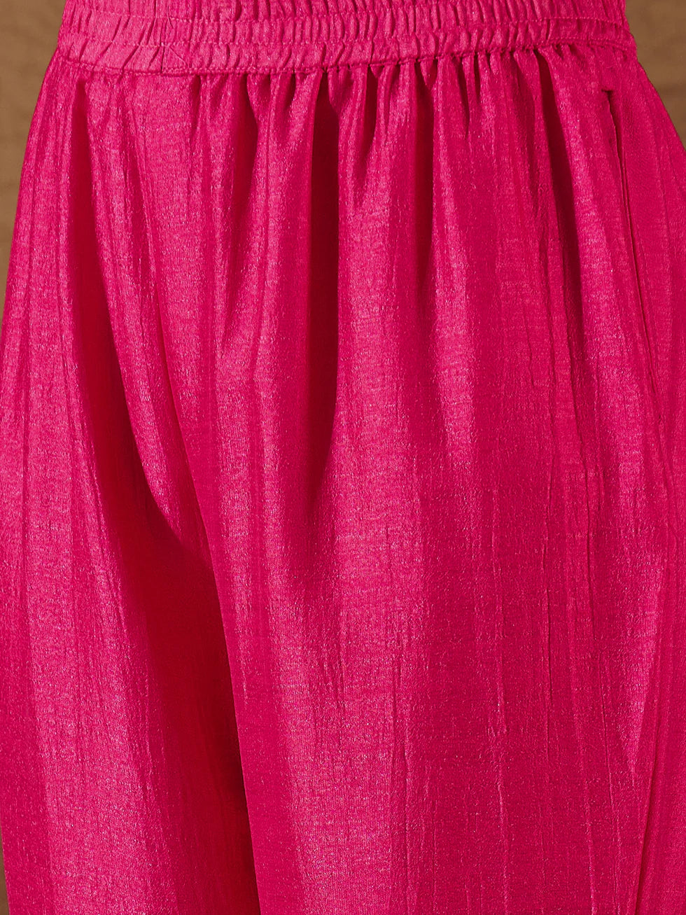 Floral Embroidered Silk Round Neck Kurta Trouser And Dupatta Set
