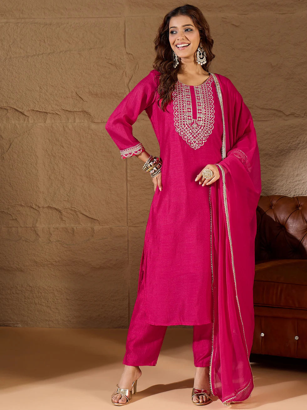 Floral Embroidered Silk Round Neck Kurta Trouser And Dupatta Set