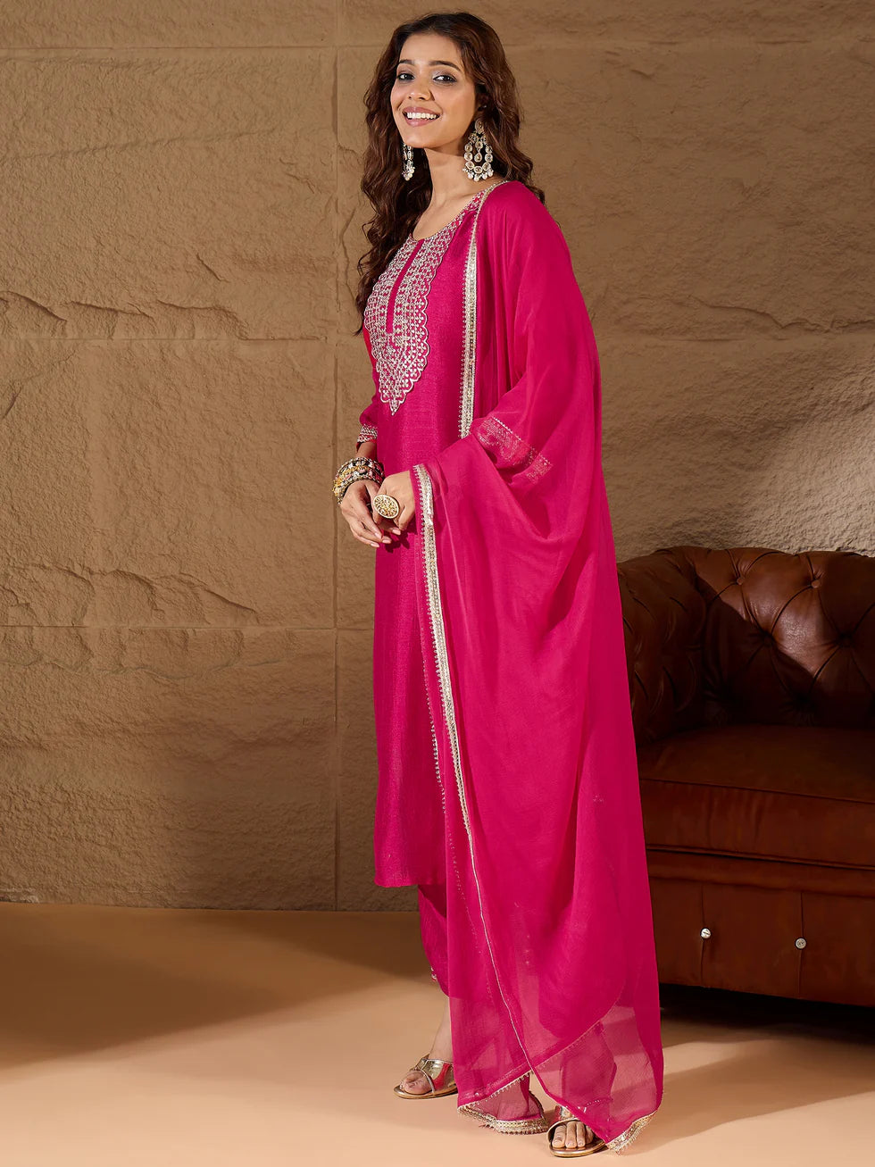 Floral Embroidered Silk Round Neck Kurta Trouser And Dupatta Set