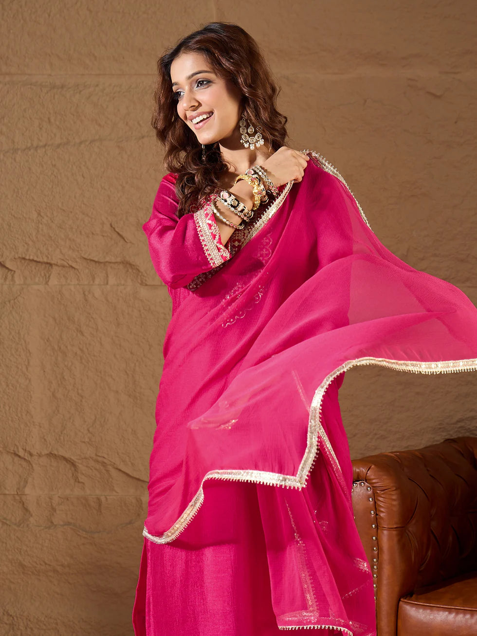 Floral Embroidered Silk Round Neck Kurta Trouser And Dupatta Set
