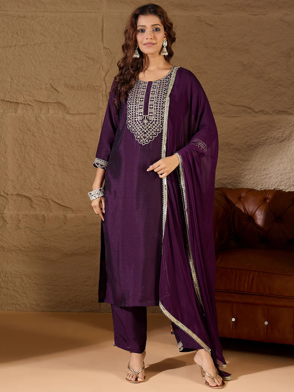 Floral Embroidered Silk Round Neck Kurta Trouser And Dupatta Set