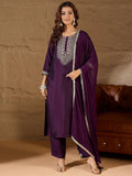Floral Embroidered Silk Round Neck Kurta Trouser And Dupatta Set