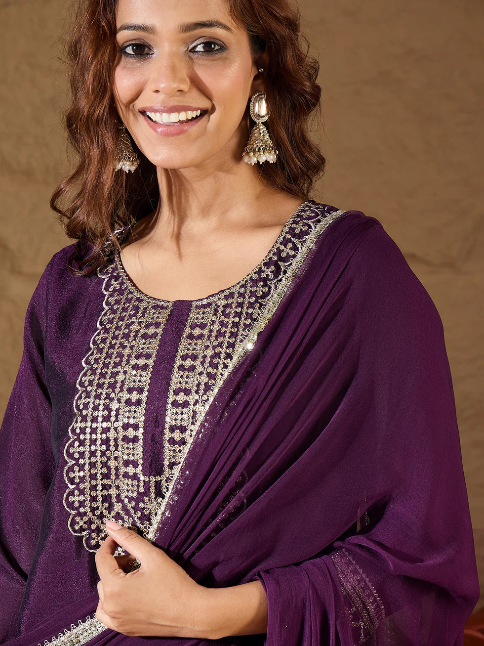 Floral Embroidered Silk Round Neck Kurta Trouser And Dupatta Set