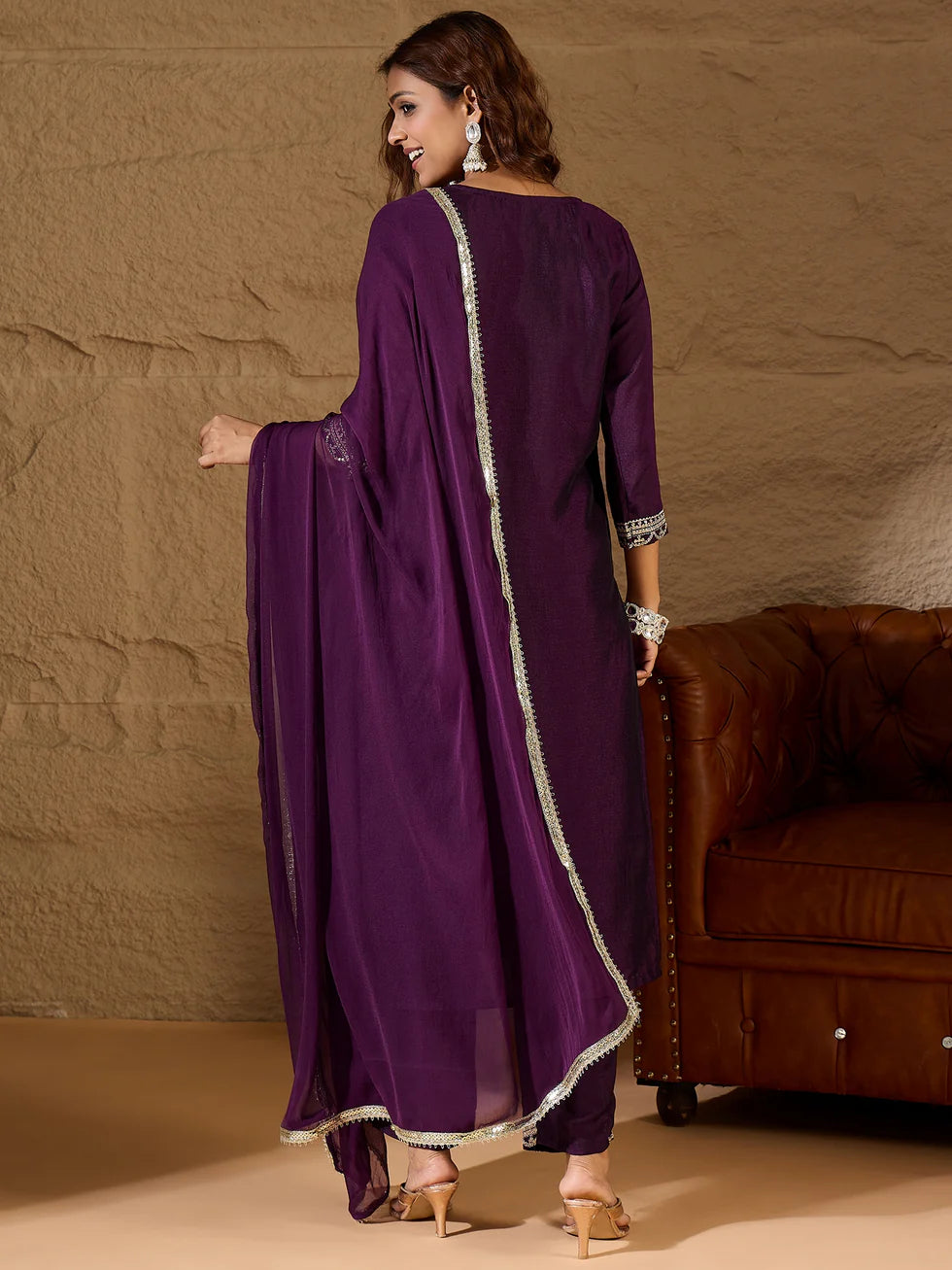 Floral Embroidered Silk Round Neck Kurta Trouser And Dupatta Set