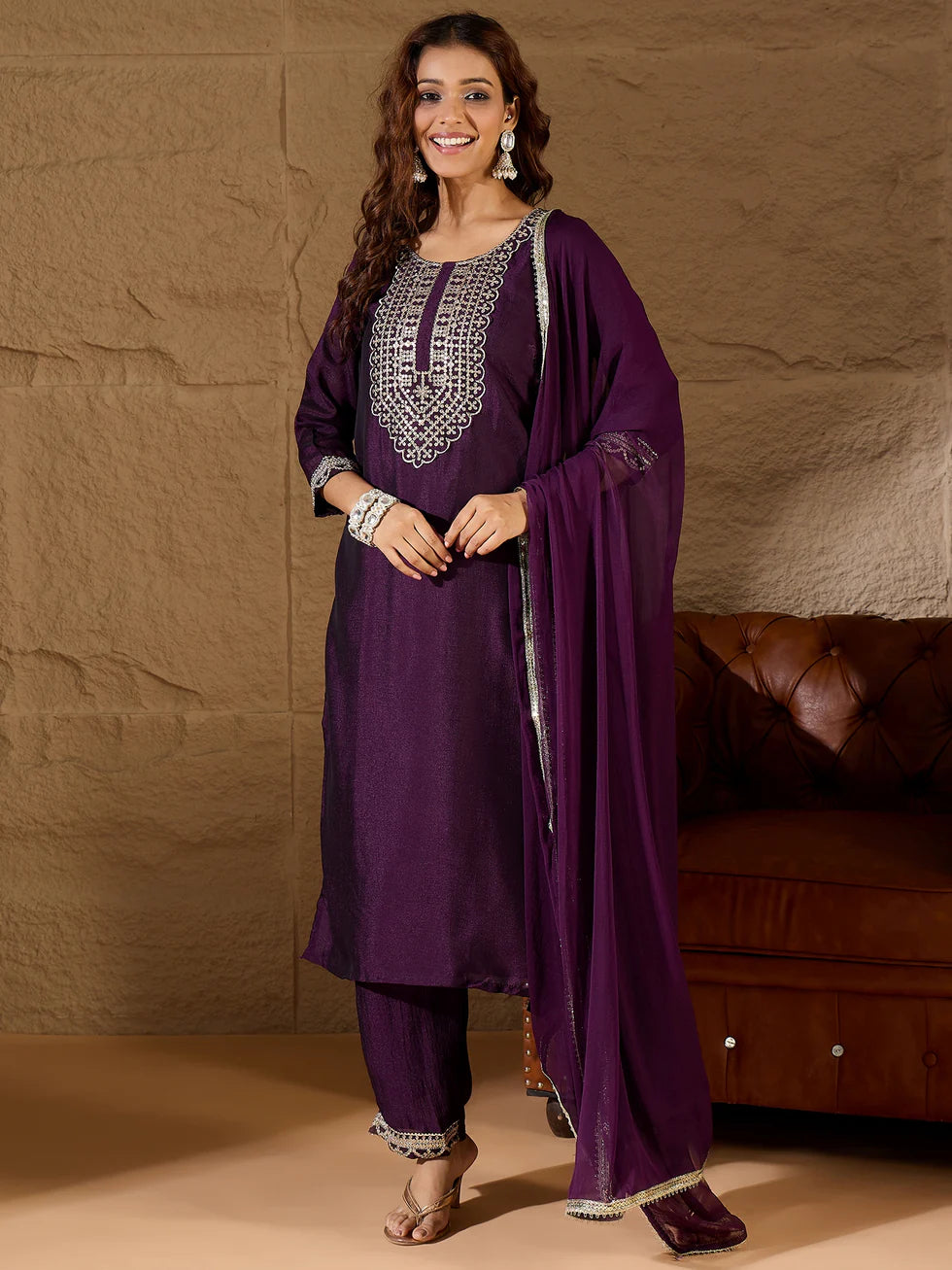 Floral Embroidered Silk Round Neck Kurta Trouser And Dupatta Set