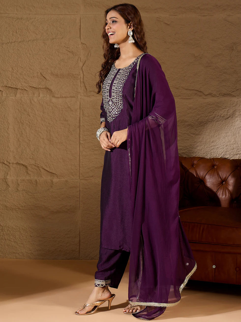Floral Embroidered Silk Round Neck Kurta Trouser And Dupatta Set