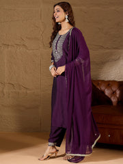 Aarohi Wine Purple Embroidered Kurta Set with Chiffon Dupatta
