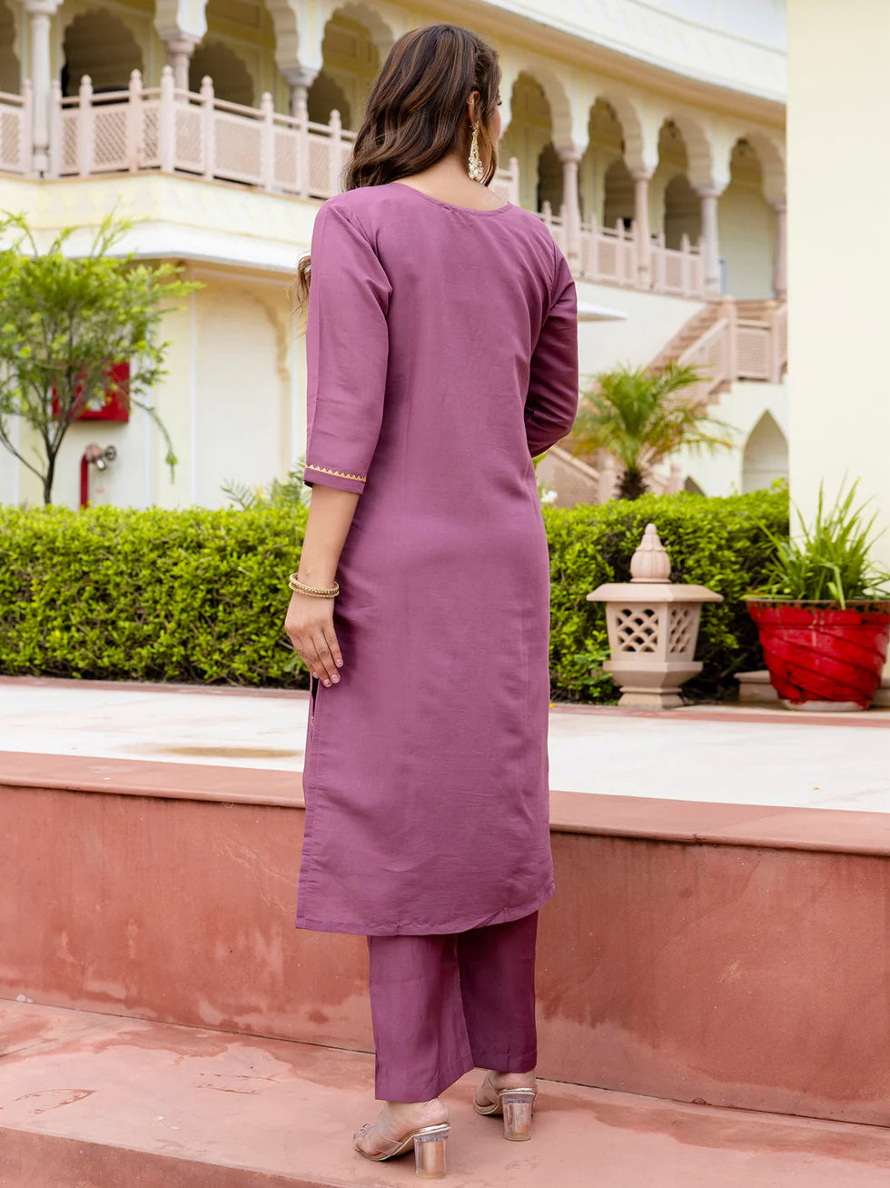 Floral Embroidered Silk Round Neck Kurta Trouser & Dupatta Set
