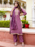 Floral Embroidered Silk Round Neck Kurta Trouser & Dupatta Set