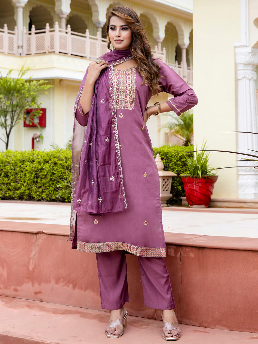 Floral Embroidered Silk Round Neck Kurta Trouser & Dupatta Set