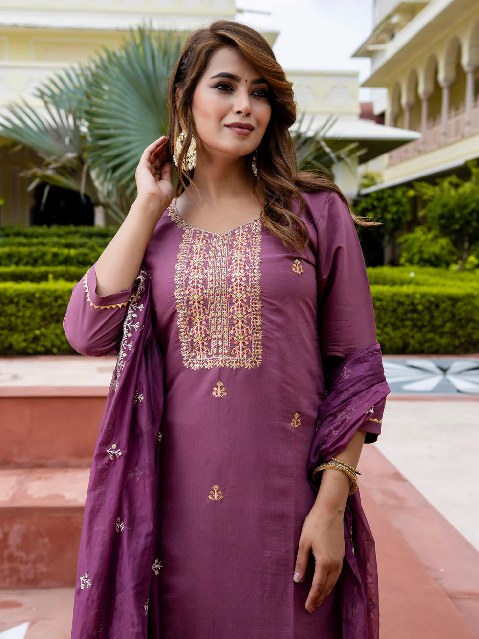 Floral Embroidered Silk Round Neck Kurta Trouser & Dupatta Set