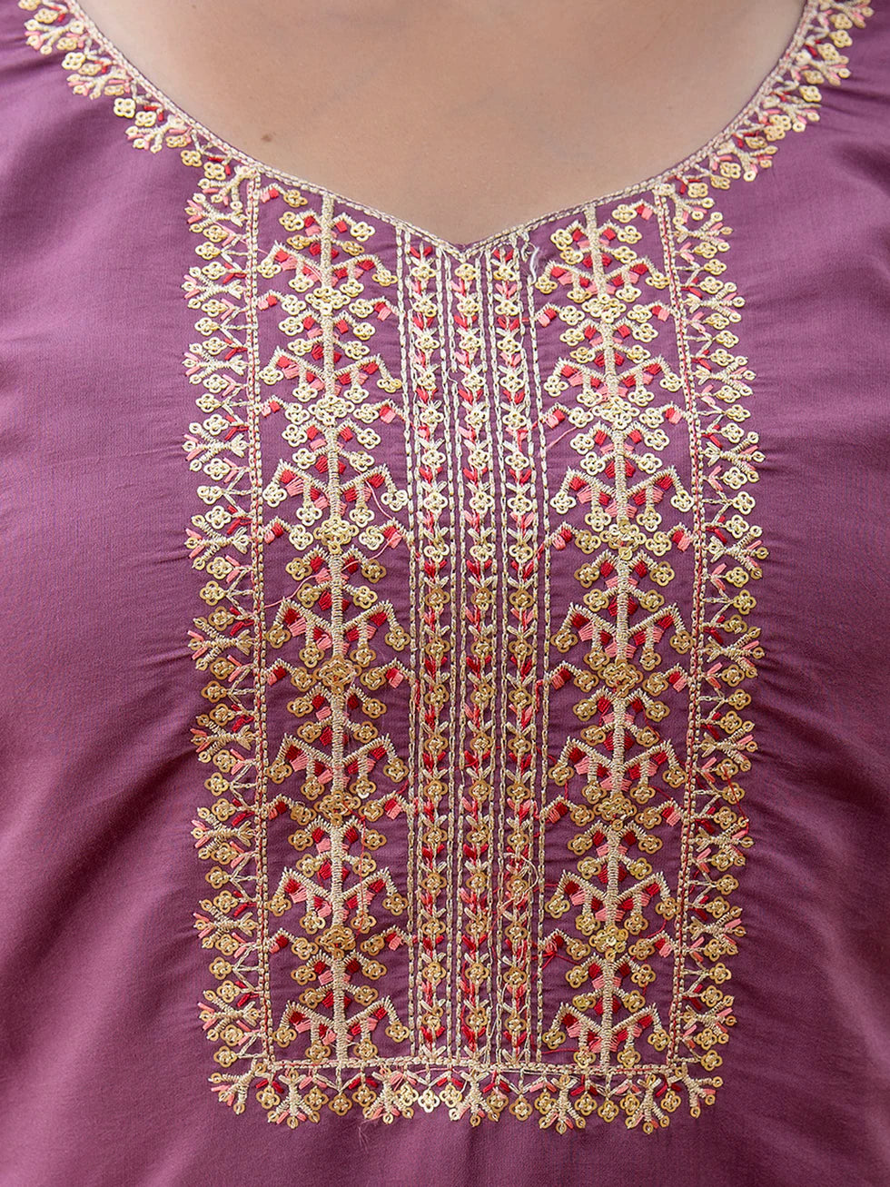 Floral Embroidered Silk Round Neck Kurta Trouser & Dupatta Set
