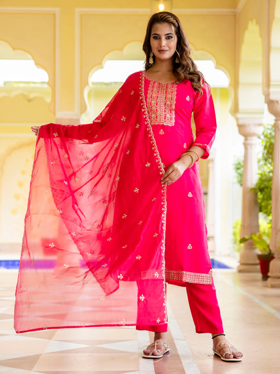 Floral Embroidered Silk Round_Neck Kurta Trouser & Dupatta Set