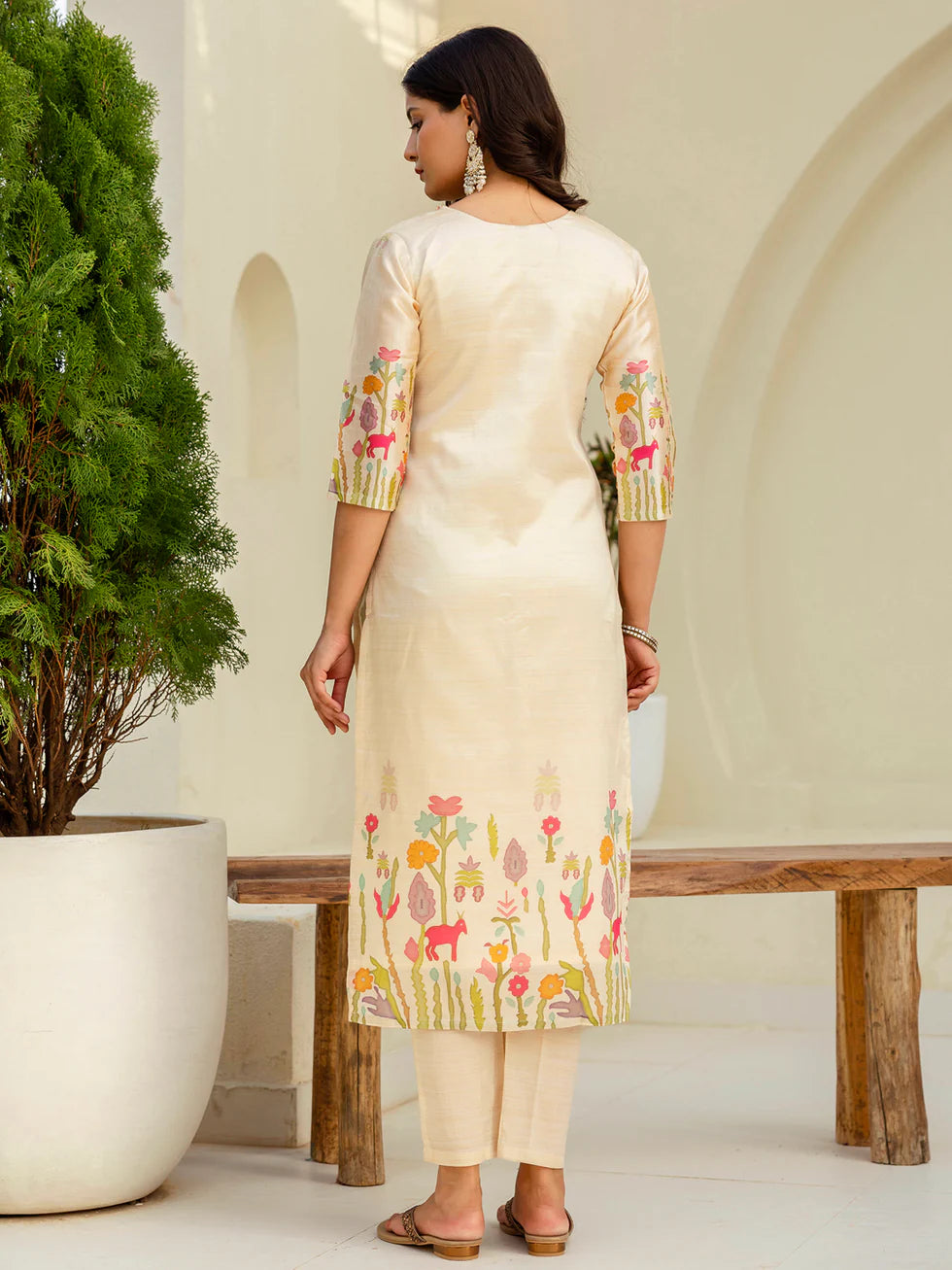 Floral Embroidered Silk V Neck Kurta Trouser & Dupatta Set