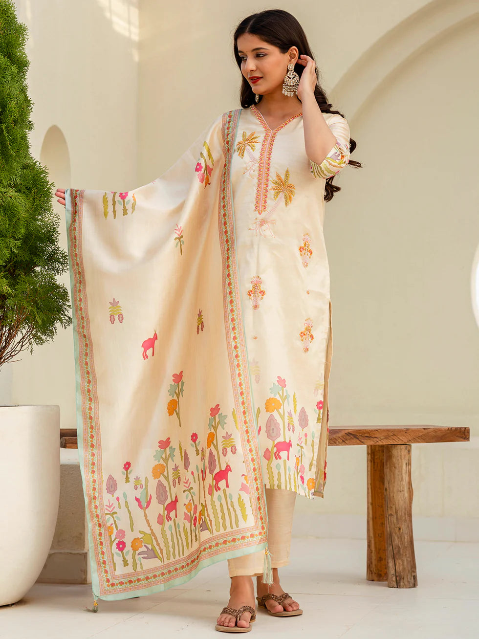Floral Embroidered Silk V Neck Kurta Trouser & Dupatta Set
