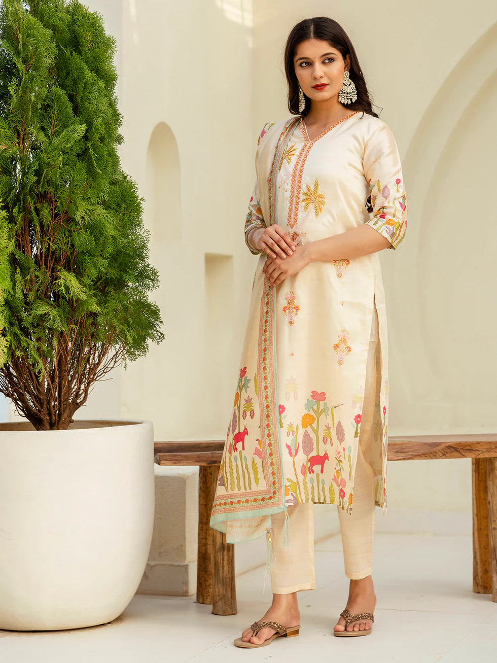 Floral Embroidered Silk V Neck Kurta Trouser & Dupatta Set