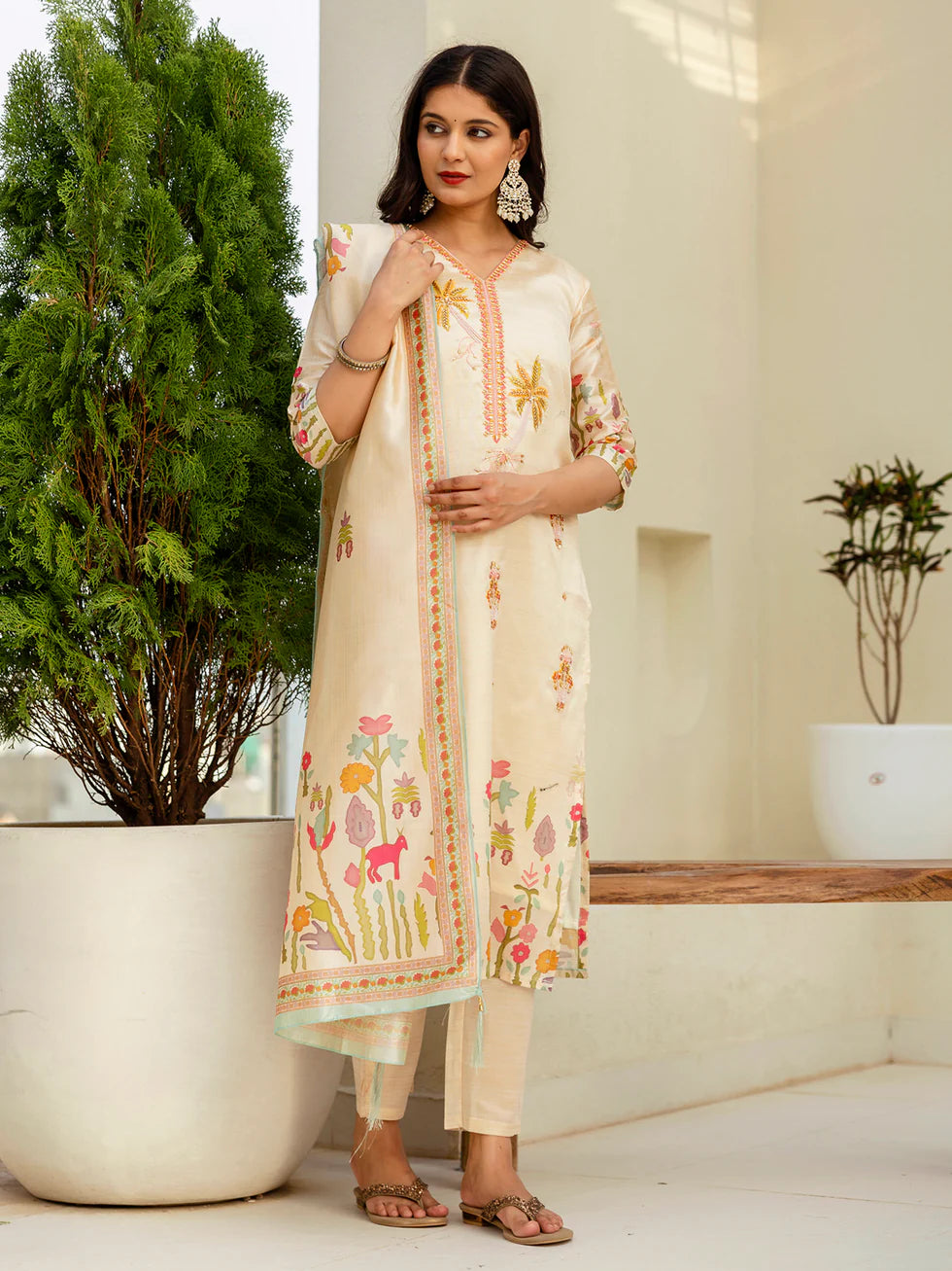Floral Embroidered Silk V Neck Kurta Trouser & Dupatta Set