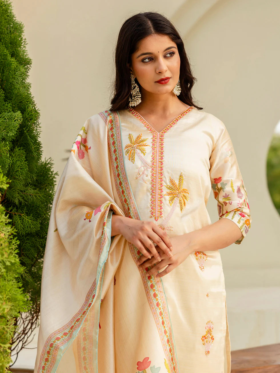 Floral Embroidered Silk V Neck Kurta Trouser & Dupatta Set